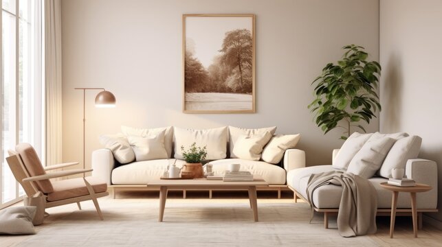 Light living room interior in a Scandinavian style. Generative AI