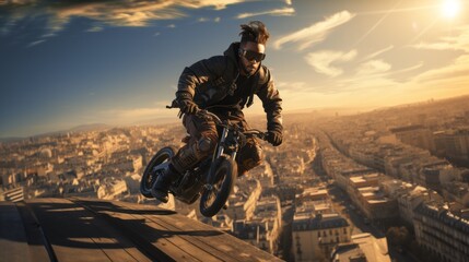 A young man doing stunts with a cityscape behind him. Generative AI. 