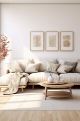 Light living room interior in a Scandinavian style. Generative AI