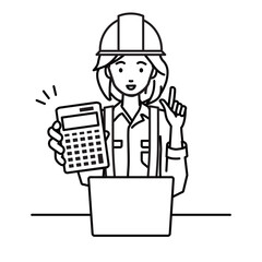 a woman working at construction sites recommending, proposing, showing estimates and pointing a calculator with a smile