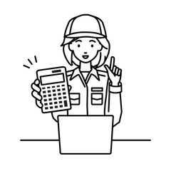 a blue-collar worker woman recommending, proposing, showing estimates and pointing a calculator with a smile
