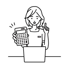 an esthetician, receptionist woman recommending, proposing, showing estimates and pointing a calculator with a smile