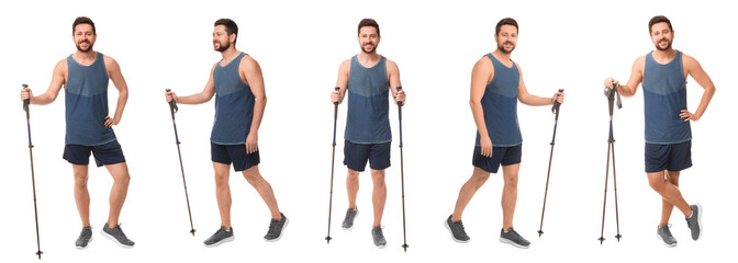 Fototapeta premium Sporty man with Nordic walking poles on white background, collage with photos