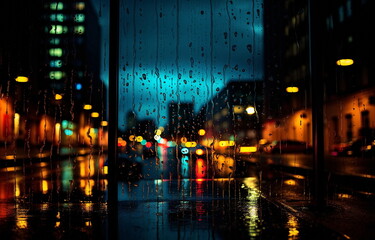 Obraz premium rain in night city ,car traffic blurred light on window,Autumn season 