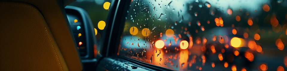 Obraz premium rain in night city ,car traffic blurred light on window,Autumn season 