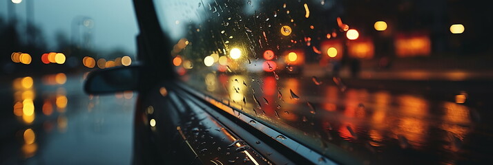 rain in night city ,car traffic blurred light on window,Autumn season 