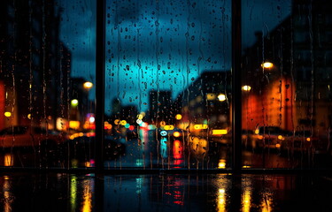rain in night city ,car traffic blurred light on window,Autumn season 