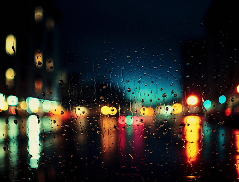 rain in night city ,car traffic blurred light on window,Autumn season © Aleksandr