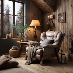 Rustic living room with recliner and wood panels 
