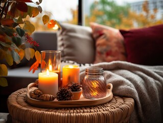 Fototapeta na wymiar Cozy autumn interior decor arrangement, warm fall home decoration composition, dried flowers in vase