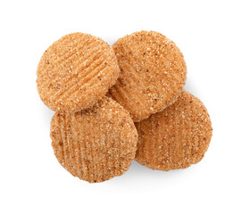 Vegan cutlets with breadcrumbs isolated on white, top view