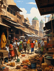 An Illustration of a Bustling African Market with Layered Stalls and Buyers