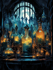 An Illustration of a Grainy Magic Potion Lab with Oversized Vials