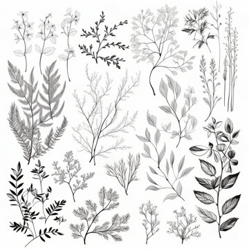 Leaves, twigs, and flowers line art 