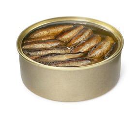 One tin can of sprats isolated on white