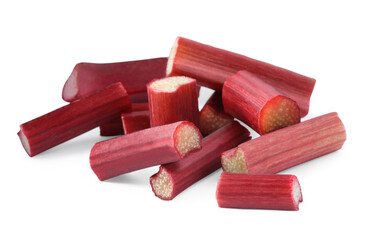 Cut fresh rhubarb stalks isolated on white