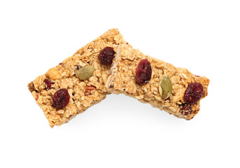 Tasty granola bars with berries isolated on white, top view