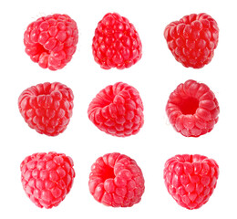 Set with fresh ripe raspberries isolated on white