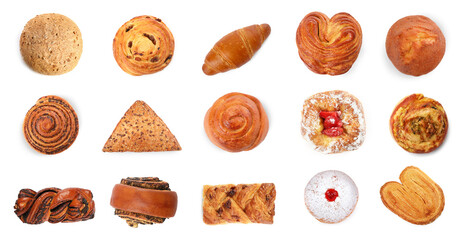Set with different freshly baked pastries isolated on white, top view