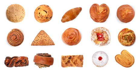 Gordijnen Set with different freshly baked pastries isolated on white, top view © New Africa