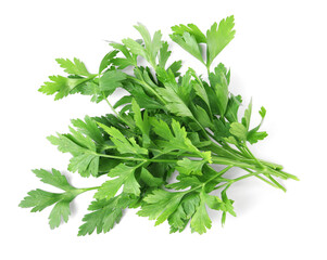 Sprigs of fresh green parsley leaves isolated on white, top view