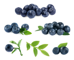 Set with tasty fresh bilberries and green leaves isolated on white