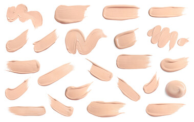 Foundations of various textures for different skin types isolated on white. Set of samples