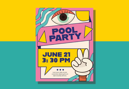 Colorful Retro Pop Art Pool Party Poster Geometric Summer Event