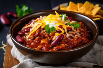 A close-up of spicy chili con carne, bursting with fiery flavors and vibrant ingredients, topped with an array of mouthwatering toppings - obrazy, fototapety, plakaty