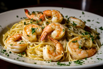 Succulent shrimp scampi with buttery garlic sauce and fresh herbs served on linguine pasta creates a mouth-watering close-up of a delicious Italian seafood dish