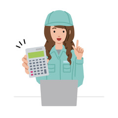座ってデスクでノートPCを開いて電卓を持ってこちらに向けて見せている作業員の女性
