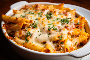 A mouthwatering homemade baked ziti, topped with melted cheese and fresh herbs, served in a white ceramic dish, exuding savory steam
