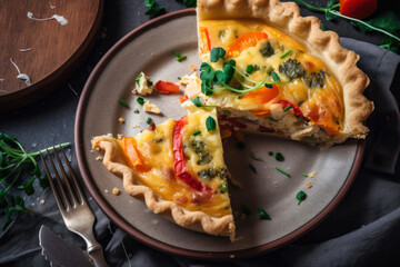 a delicious slice of quiche with a perfectly golden-brown crust, a creamy filling, and vibrant vegetables, seen from a top-down perspective