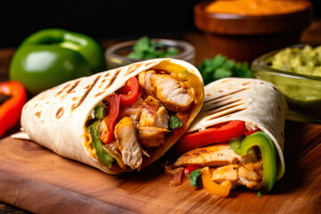 A close-up of a flavorful fajita wrap filled with grilled chicken, onions, and peppers, served on a wooden board alongside fresh salsa and guacamole - obrazy, fototapety, plakaty