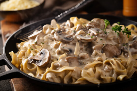 Beef stroganoff served from a cast iron skillet, with tender meat, creamy sauce, and aromatic mushrooms, creating a delicious and satisfying homemade classic