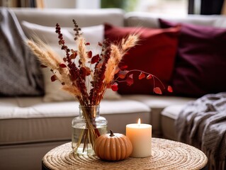 Obraz na płótnie Canvas Cozy autumn interior decor arrangement, warm fall home decoration composition, dried flowers in vase