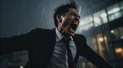 夜雨の中で仕事のストレスで怒り叫ぶ・激怒するアジア人ビジネスマン・憎悪・憎しみ・恨み・悔しい・裏切り
 - obrazy, fototapety, plakaty