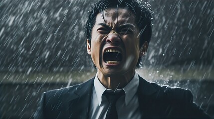 夜雨の中で仕事のストレスで怒り叫ぶ・激怒するアジア人ビジネスマン・憎悪・憎しみ・恨み・悔しい・裏切り
