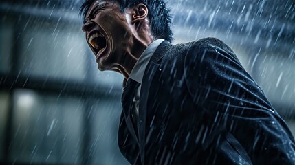 夜雨の中で仕事のストレスで怒り叫ぶ・激怒するアジア人ビジネスマン・憎悪・憎しみ・恨み・悔しい・裏切り
