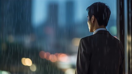 雨の中で悔しいビジネスマンの後ろ姿（怒る・悲しい・パワハラ・いじめ・モラハラ・リストラ・失業・借金）
