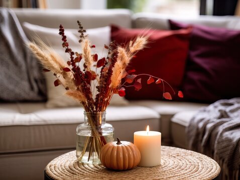 Cozy autumn interior decor arrangement, warm fall home decoration composition, dried flowers in vase