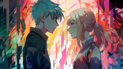 Anime Couple on Colorful Background, Japanese Art, Manga Illustration - Ideal for Anime Enthusiast Blogs and Art Galleries