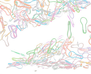 Fashion Safety Pin brooch pour fall down, explosion in air. Many safety pin big size colorful splash fly in group floating. Black background isolated freeze motion