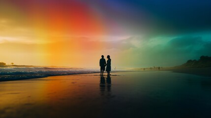  Silhouetted Couple in Love on the Serene Beach at Sunset, Perfect for Romantic Getaways and Valentine's Day Celebrations.