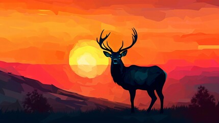 Deer Silhouette on Beautiful Sunset Background. Generative AI