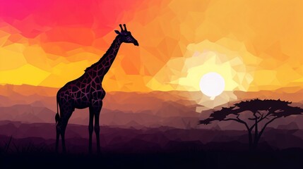 Giraffe Silhouette Against a Dramatic Sunset, Ideal Background for Wildlife-themed Designs and Striking Imagery. Generative AI
