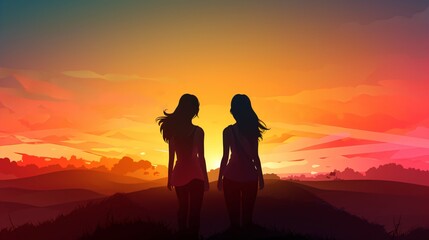 Girls Silhouette on Beautiful Sunset Background. Generative AI