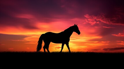 Obraz na płótnie Canvas Horse Silhouette Against a Dramatic Sunset, Ideal Background for Wildlife-themed Designs and Striking Imagery. Generative AI