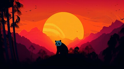 Fototapeta premium panda Silhouette Against a Dramatic Sunset: Ideal Background for Wildlife-themed Designs and Striking Imagery. Generative AI