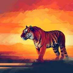 Tiger Silhouette Against a Dramatic Sunset: Ideal Background for Wildlife-themed Designs and Striking Imagery. Generative AI